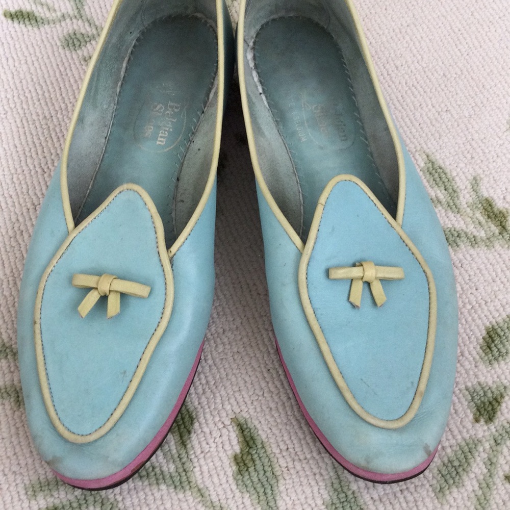 Belgian Loafers aqua w/ green trim and pink sides.